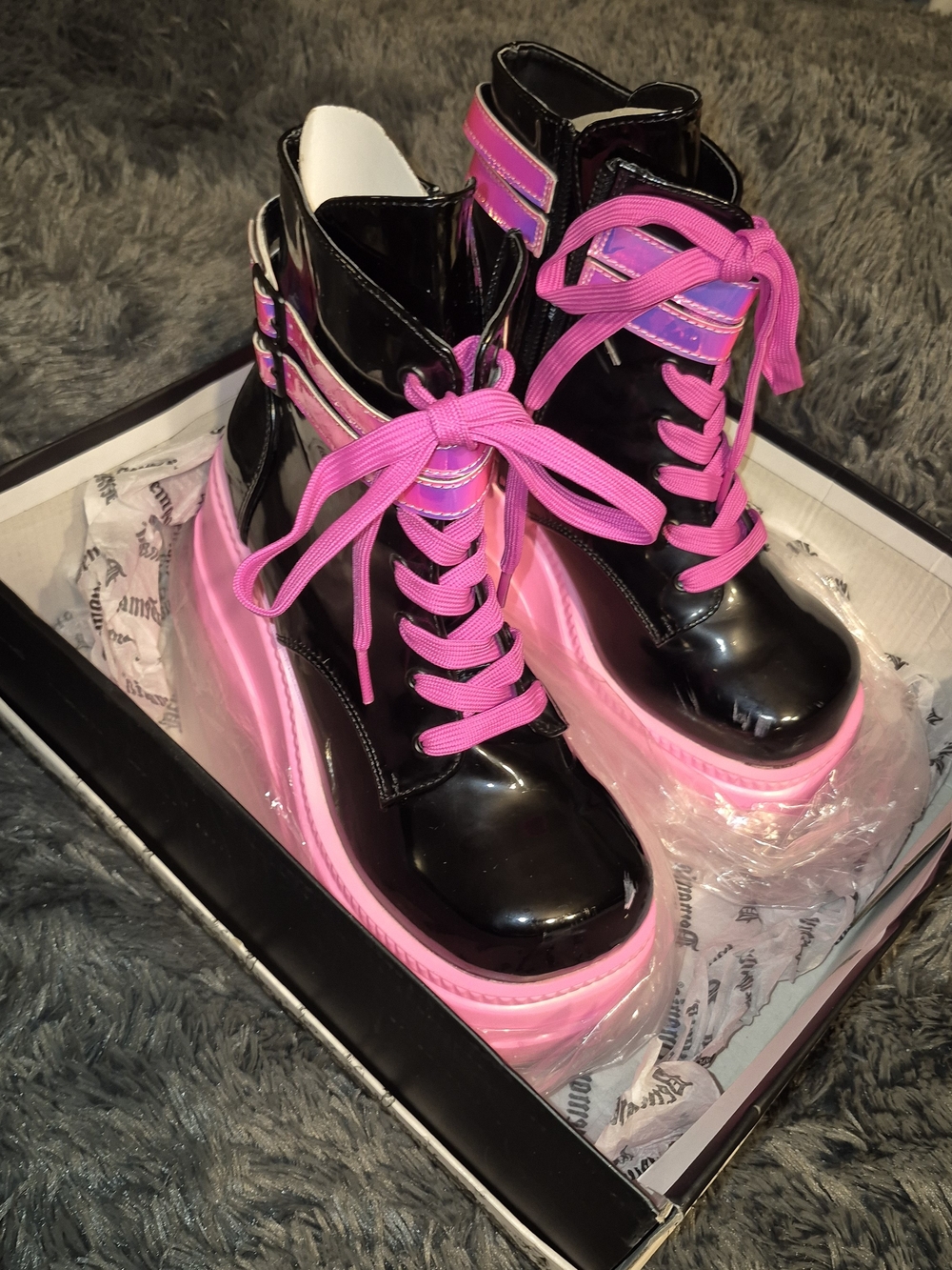 Demonia Black Patent Platform Lace-Up Boots with Hot Pink Accents